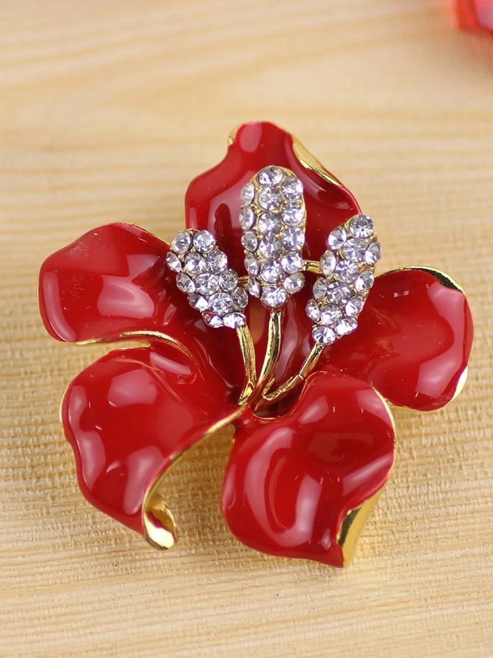 Anthropologie Red Enamel Floral Brooch with Crystal Accents